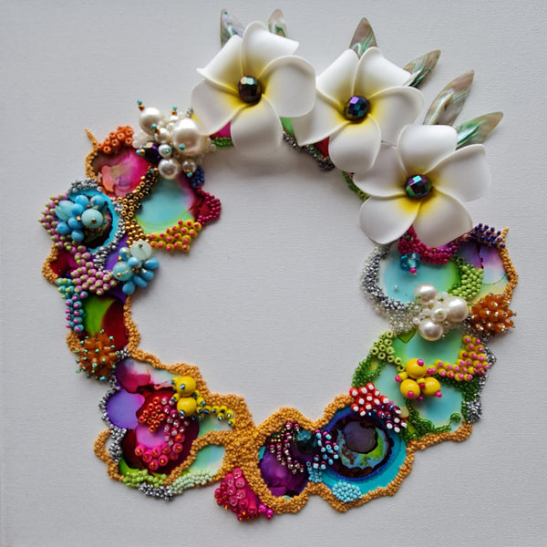 12” square artwork with beadwork, embroidery, and alcohol ink, featuring metallic threads and faux flowers. The design offers rich textures and bold colors