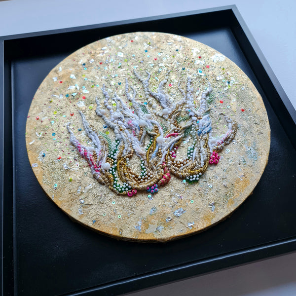 Golden Planet, Broken Planet, 2023 – Close-up of mixed media textures depicting coral reef bleaching.