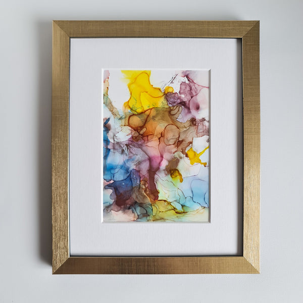 "Odin's Glory, 2018" abstract alcohol ink painting in deep blues, golds, and blacks, with swirling patterns and dramatic textures, conveying strength and movement.