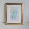 Fluid abstract artwork in pastel aqua, purple, and pink tones, showcasing soft swirls, intricate patterns, and dynamic brushstrokes. In a white mount and gold frame.
