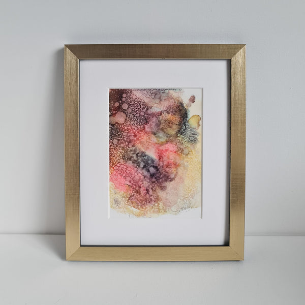 "Ares Two, 2018" abstract alcohol ink painting featuring red, black, and gold with swirling fluid lines and dramatic movement.