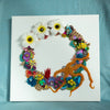 12” square artwork featuring beadwork, embroidery, and alcohol ink, with metallic threads and faux flowers. The design is inspired by the vibrant textures and colors of coral reefs.