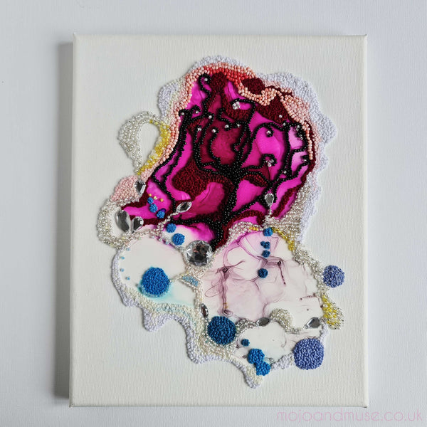 Close-up of "Pagliacci, 2020" artwork, featuring intricate embroidery, ink, and bead details on canvas.