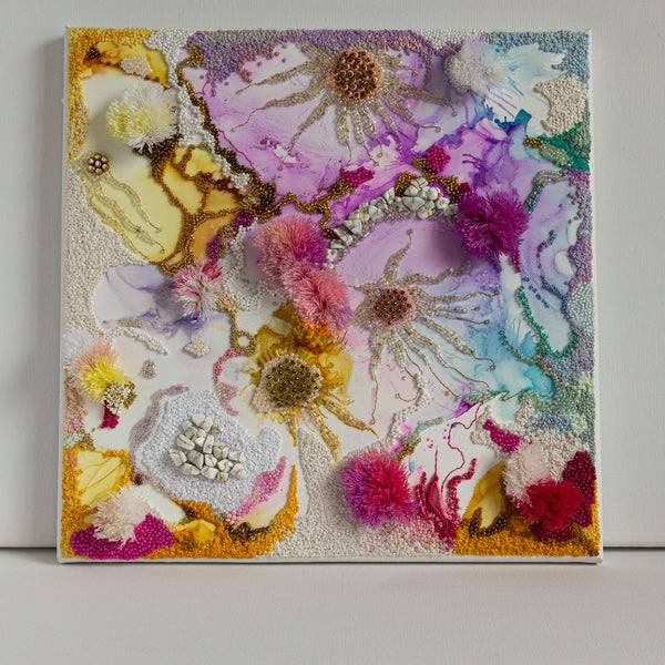 "Snow Jellies, 2022" embroidered artwork with alcohol ink, beads, and gold threads on canvas.