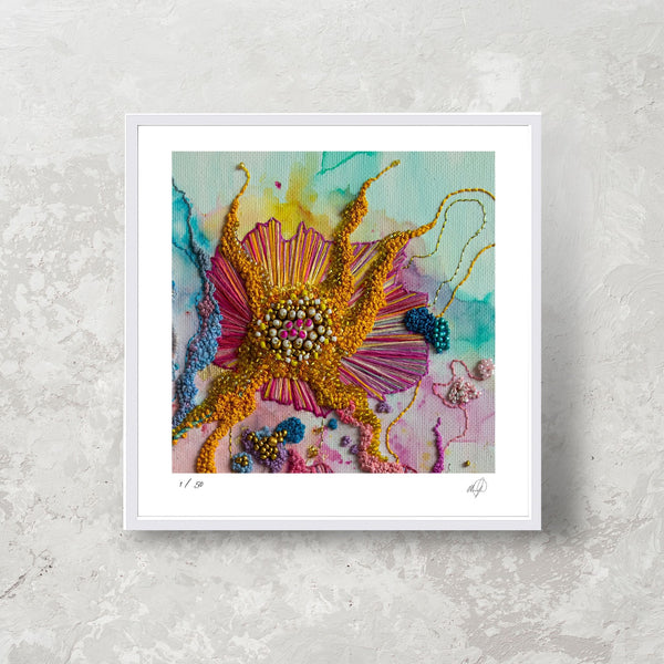 Abstract mixed media artwork with vibrant orange, pink, and blue textures on a light watercolor background.