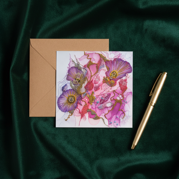 Square card with purple and pink abstract floral illustration beside kraft envelope and gold pen on dark green velvet fabric