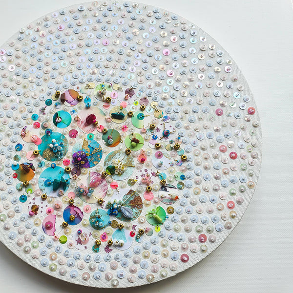 Diffracta, 2021 - Upcycled elements and beads, salvaged and handmade sequins, abstract art piece for home decor
