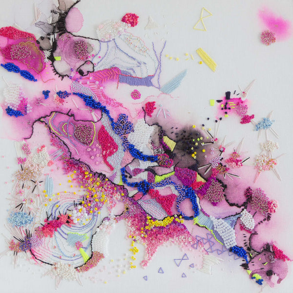 Abstract mixed media artwork with pink, purple, blue, and yellow textured patterns on a white background