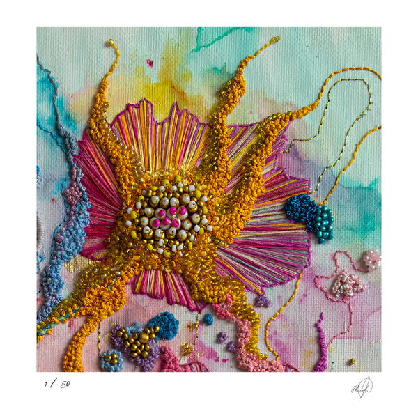 Close-up of vibrant hand-stitched embroidery with intricate beads and threads on textured fabric fine art print