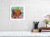 Framed Viola Five 2022 fine art print with vibrant abstract embroidery details on textured white wall.