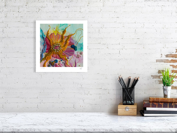 Framed Viola Five 2022 fine art print with vibrant abstract embroidery details on textured white wall.