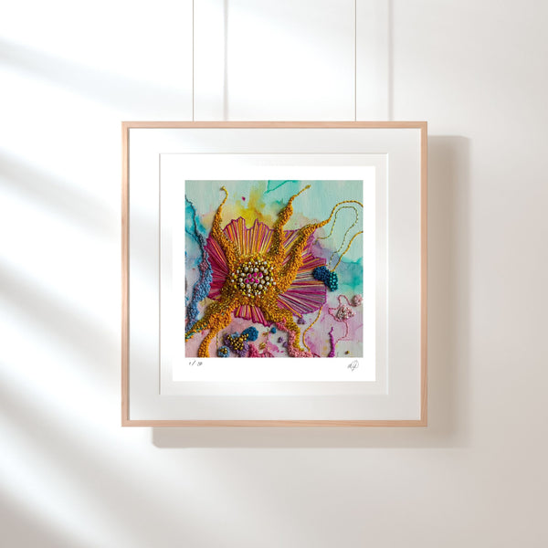 Framed Viola Five 2022 Giclée print showing detailed abstract embroidery with vibrant colors and textured threads.