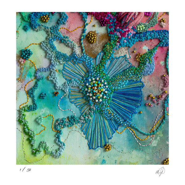 Close-up of colorful hand-stitched Viola embroidery detail with beads and threads on textured fabric background.