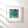 Framed Viola Five 2022 fine art print showing abstract embroidery with blue, green, and pink thread details.