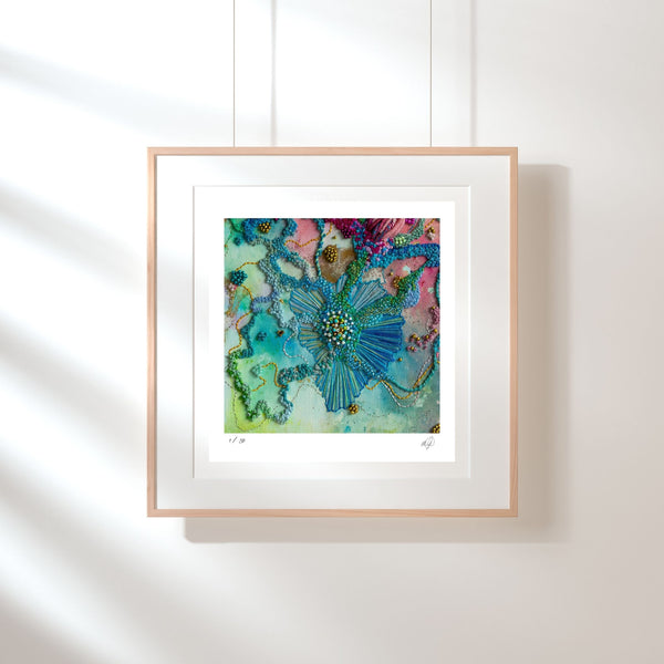 Framed Viola Five 2022 fine art print showing abstract embroidery with blue, green, and pink thread details.