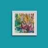 Close-up abstract fine art print of colorful hand-stitched embroidery textures in white frame on teal background