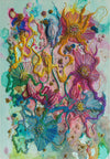 Abstract colorful floral artwork with textured embroidery and bead details on watercolor background