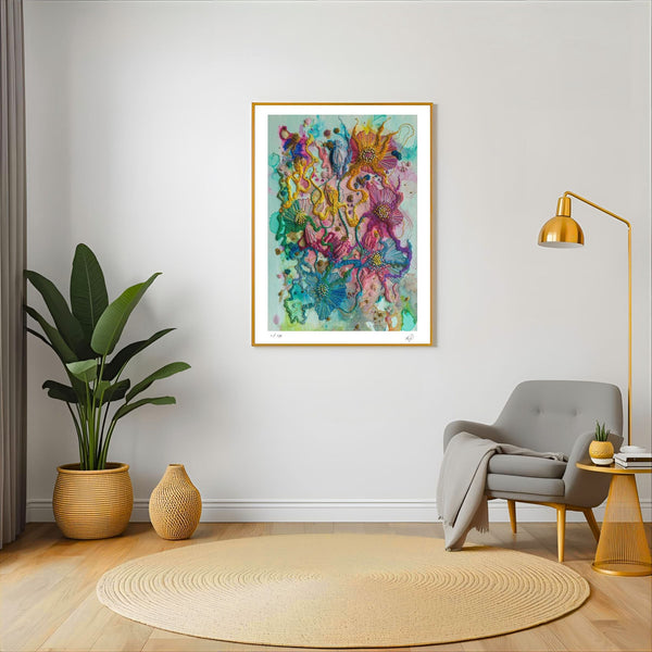 Framed Viola Five 2022 Giclée fine art print with vibrant abstract colors hanging in modern minimalist living room.