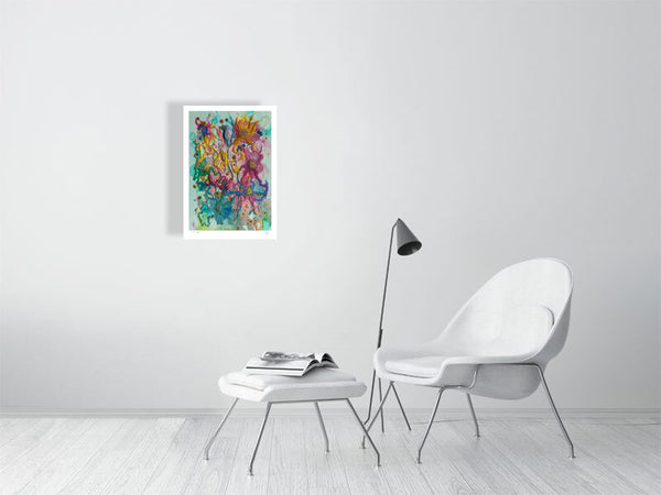 Viola Five 2022 abstract colorful giclée fine art print in white frame on gray wall above modern white chair and ottoman.