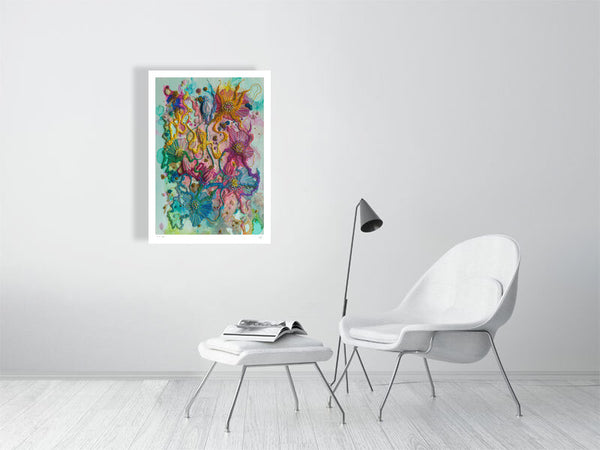 Vibrant Viola Five 2022 abstract fine art print in modern room with white chair and minimalist decor.