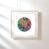 Framed Viola Five 2022 circular fine art print featuring colorful hand-stitched embroidery texture on white background.