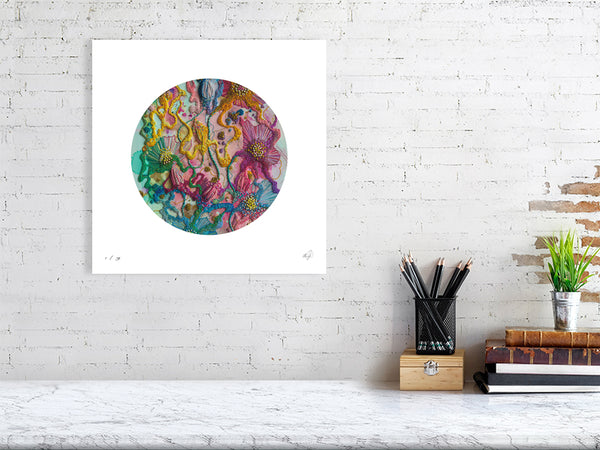 Mojo Worlds Viola Five 2022 fine art print featuring colorful hand-stitched embroidery in a minimalist white frame.