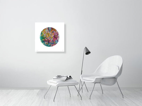 Modern minimalist living room with white chair and colorful Viola Five 2022 Mojo Worlds fine art print on wall