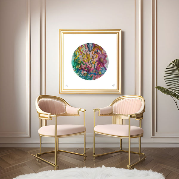 Framed Viola Five 2022 Mojo Worlds giclée print with vibrant embroidery detail in elegant modern room.