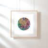 Framed Viola Five 2022 Giclée print featuring colorful circular embroidery with floral and abstract textures on white background