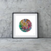 Framed Viola Five 2022 Mojo Worlds giclée print with colorful abstract embroidery in minimalist white border.