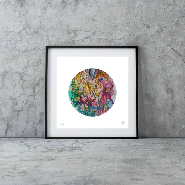 Framed Viola Five 2022 Mojo Worlds giclée print with colorful abstract embroidery in minimalist white border.