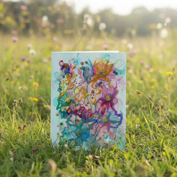 Colorful card with floral design on grass