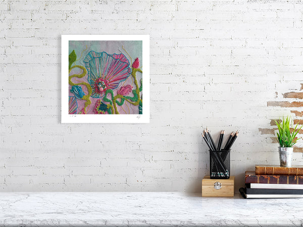 Framed Viola Four 2022 Details II print showing colorful abstract embroidery textural art on white wall.