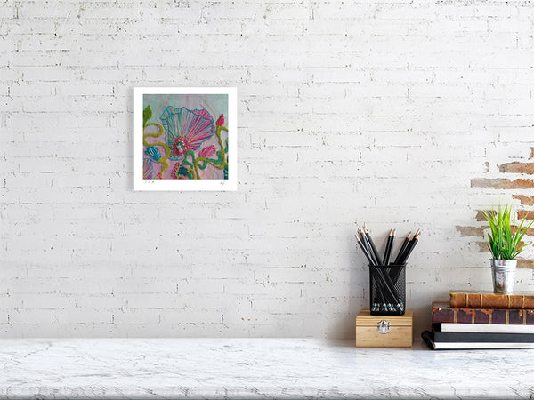 Viola Four 2022 Giclée fine art print showing detailed colorful embroidery textures in a white frame on white brick wall.