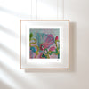 Framed Viola Four 2022 Giclée print showing detailed colorful hand-stitched embroidery textures and abstract floral forms.
