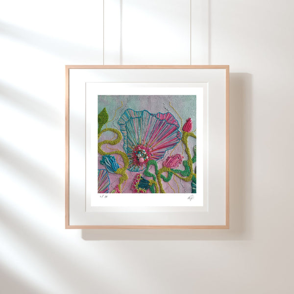 Framed Viola Four 2022 Giclée print showing detailed colorful hand-stitched embroidery textures and abstract floral forms.