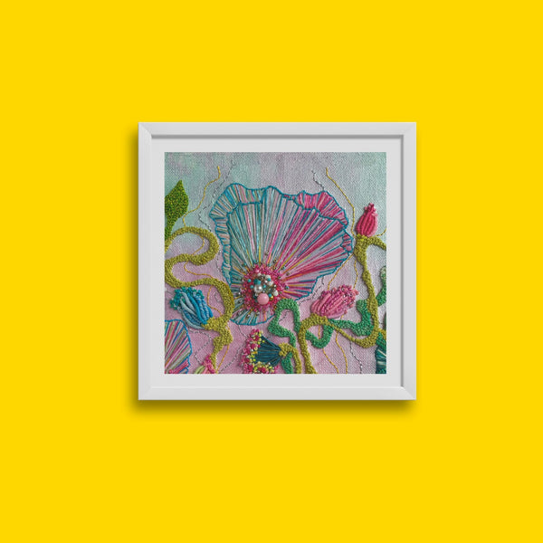 Framed Viola Four 2022 embroidery detail print featuring colorful threads and textured floral design on gray background.