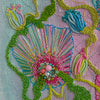 Close-up of vibrant hand-stitched embroidery with beads showcasing texture and color in Viola Four Details III print.
