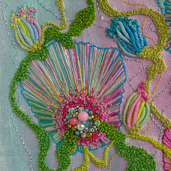 Close-up of vibrant hand-stitched embroidery with beads showcasing texture and color in Viola Four Details III print.