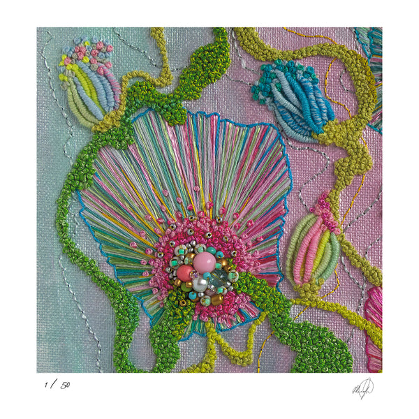 Close-up of colorful, hand-stitched embroidery detail from Viola Four 2022, printed as fine art Giclée on textured paper.