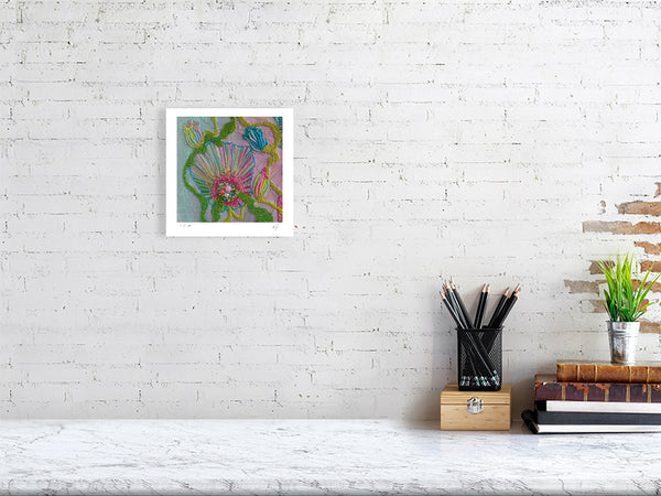 Framed Viola Four 2022 Giclée print featuring abstract embroidery details in vibrant colors on white wall.