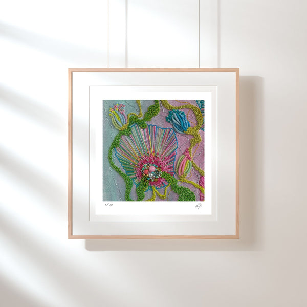 Framed Viola Four 2022 Giclée fine art print showing colorful, textured abstract embroidery details.