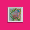 Framed Viola Four 2022 Giclée print showing detailed colorful embroidery textures on pink background.