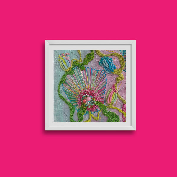 Framed Viola Four 2022 Giclée print showing detailed colorful embroidery textures on pink background.