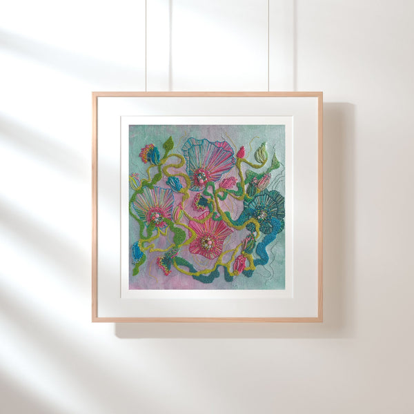 Framed Viola Four 2022 Giclée fine art print with abstract floral design in vibrant pastel colors on textured paper.