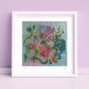 Viola Four 2022 Giclée fine art print featuring abstract floral embroidery in pink, green, and blue tones in white frame.