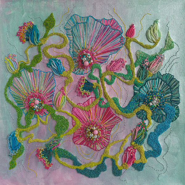Abstract floral embroidery with vibrant threads and beads in pink, blue, and green on a soft pastel background