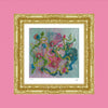 Viola Four 2022 abstract floral fine art print with textured, colorful stitch-like details in ornate gold frame on pink background