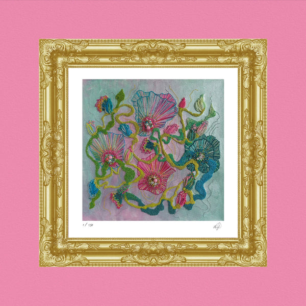 Viola Four 2022 abstract floral fine art print with textured, colorful stitch-like details in ornate gold frame on pink background