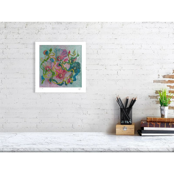 Viola Four 2022 Giclée fine art print featuring abstract floral textures in pink, green, and blue tones on white wall.